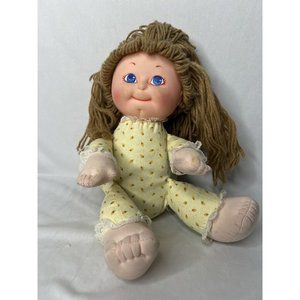 Vintage Animal Toy 1984 Doll Yellow Floral Soft Body Brown Yarn Hair Blue Eyes